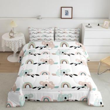 Imagem de Homewish Jogo de cama queen fofo de coala, arco-íris, desenho animado, animal, para decoração de quarto de meninas, meninos, adulto, aquarela, rosa, azul, branco, 2 fronhas
