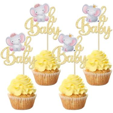 Imagem de Gyufise 24 peças de enfeite de cupcake rosa elefante Oh Baby ouro rosa glitter It's a Girl Baby Shower Escolhas de cupcake para elefante, tema de gênero, revelar chá de bebê, crianças, meninas
