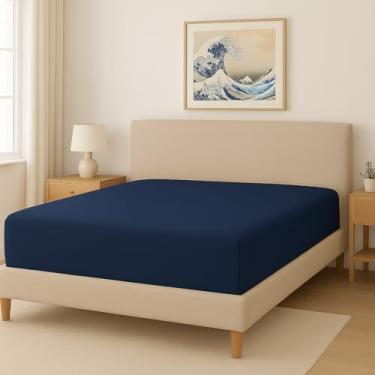 Imagem de Lençol King Avulso com Elástico 300 Fios 100% Algodão Egípcio – Toque Macio e Frescor Natural (Azul Marinho)