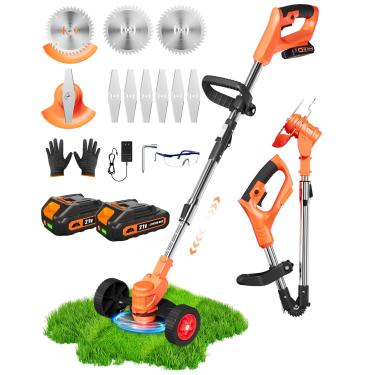 Imagem de KFM Cortador De Grama Sem Fio 21 V, Aparador Leve Com 2 Baterias 2,0 Ah, Elétrico Alimentado Por Bateria, Grama/Roçadeira/Aparador Bordas 3 Em 1, Tipos Lâminas E Rodas Para Jardim Quintal