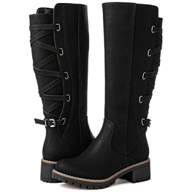 Imagem de GLOBALWIN Botas Femininas De Cano Alto Com Tiras E Para Motocicleta, Montaria Panturrilha Larga, Cadarço Nas Costas, Moda Outono Inverno Mulheres, Pretas, 9 Meses