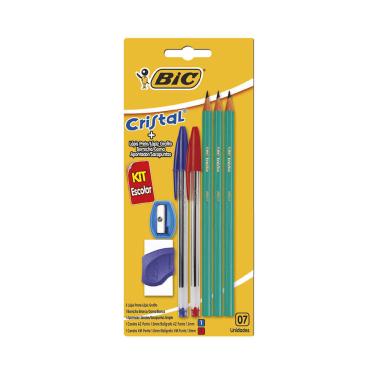 Imagem de Kit Escrita Bic com 2 Canetas Cristal Azul e Vermelha, 3 Lápis Pretos, 1 Borracha e 1 Apontador