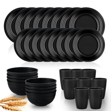 Imagem de Conjunto de utensílios de jantar, 32 peças de pratos e tigelas de palha de trigo para 8, conjunto de pratos de plástico reutilizáveis, cozinha ao ar livre, acampamento e jantar, itens essenciais, pode
