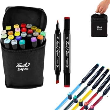 Imagem de Kit Canetas Marcador Permanente Ponta Dupla 24 Cores – Canetas Artísticas à Base de Álcool – Ponta Grossa e Fina – Para Desenho, Esboço, Mangá, Quadrinhos e Livros de Colorir – Estojo Incluso - YASDA