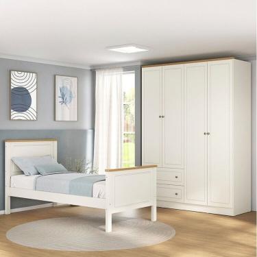Imagem de Conjunto Dormitório Cama Solteiro 1 Guarda-roupa 4 Portas Ananda Cabecasa Madeiramadeira Off White/mel