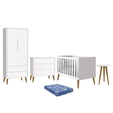 Imagem de Dormitório Infantil Theo Retrô 2 Portas, Cômoda, Berço, Mesa de Apoio com Pés Amadeirado e Colchão - Reller Móveis Branco Fosco