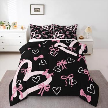 Imagem de Feelyou Conjunto de cama infantil com laço fofo, tamanho solteiro, preto, rosa, para decoração de quarto de meninos, meninas, adolescentes, conjunto de edredom com estampa de coração kawaii