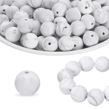 Imagem de HARFINGTON 65 peças de contas de silicone 15 mm contas focais redondas de borracha a granel para canetas, chaveiro, pulseira, colar, artesanato, faça você mesmo, mármore branco