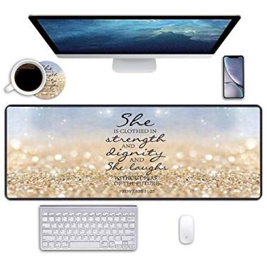 Imagem de Mousepad pad para jogos com porta-copos, 80 cm × 28 cm, grande, base de borracha antiderrapante, mouse pad com bordas costuradas para trabalho e jogos, escritório e casa (Rainbow Glitter Verse Bíblia Provérbios 31:25)