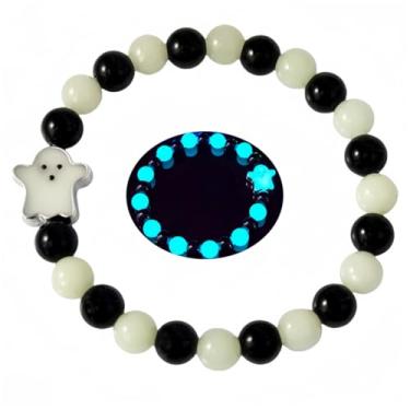 Imagem de LXSSLY Pulseiras femininas de pedra vulcânica natural de 8 mm, pulseira luminosa fantasma do dia de todos os santos, pulseira brilhante de pedra vulcânica, pulseira de proteção com contas elásticas