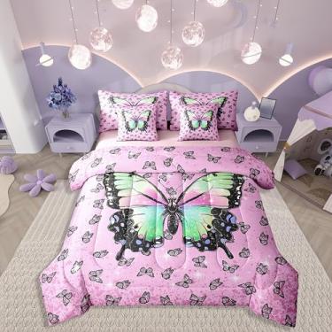 Imagem de Erosebridal Conjunto de edredom com 7 peças de borboleta, cama king size em uma bolsa, borboletas rosa para adolescentes, mulheres e adultos, lençóis de cama de estrelas com glitter, conjunto de cama