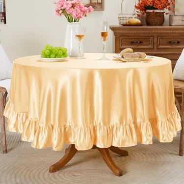 Imagem de Entisn Toalha de mesa redonda com babados de 177 cm, capa de mesa de cetim dourado claro inclui acabamento de 12 cm para mesa de 50 a 122 cm, lavável e resistente a amassados, decoração sedosa para