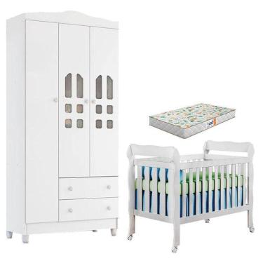 Imagem de Berço Americano Lila E Guarda Roupa Infantil New Selena 3 Portas Branco Brilho Com Colchão Gazin – Carolina Móveis