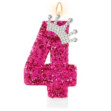 Imagem de AKURIEEY Velas de aniversário rosa choque, coroa número 4, decoração de festa de 4º aniversário, enfeite de bolo, decoração de cupcake para celebrações de aniversário