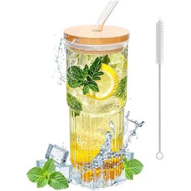 Imagem de VVXAMI Copo grande de vidro com nervuras de 947 ml, copos de vidro com tampas e canudos, xícaras de café gelado com tampas, conjunto de copos para beber, copos fofos, Boba Cup, com pincel de palha