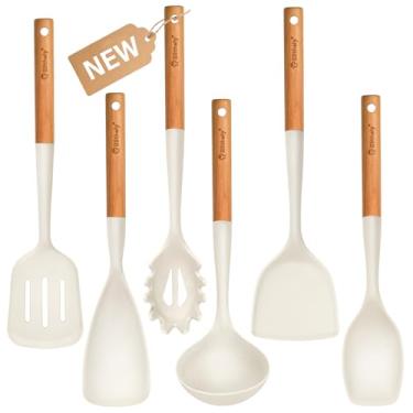 Imagem de Conjunto grande de utensílios de cozinha de silicone, conjunto de 6 utensílios de cozinha antiaderentes com cabo de madeira, resistente ao calor e livre de BPA, conjunto de espátulas de silicone para
