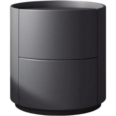 Imagem de Mesa De Cabeceira Elegante Mesa De Cabeceira Criativa De Madeira Redonda 2 Gavetas Mesa De Cabeceira Leve De Luxo Imitação De Couro Envolto Em Armário De Cabeceira, Dark Gray