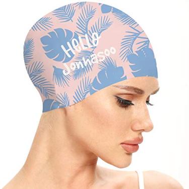 Imagem de Jonhasoo Touca de natação feminina, touca de natação de silicone para cabelos longos com estampa de flores (folha azul)