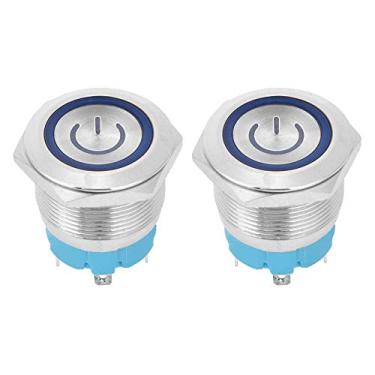 Imagem de Chave de botão de pressão de 2 peças de 4 pinos 22 mm Interruptor de botão de metal de auto-reinicialização de cabeça chata Chave de tampa redonda 3-6VDC com sinal de luz de energia (azul)