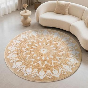 Imagem de Carvapet Tapete redondo de imitação de juta - Tapete circular lavável com aparência de juta de 1,5 m com revestimento de borracha antiderrapante, tapete dobrável resistente a manchas para sala de