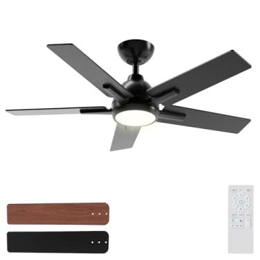 Imagem de Sevenine Ventiladores de teto de 106 cm com luzes e controle remoto, ventilador de teto preto com 5 baldes para sala de estar ao ar livre/quarto, varão, motor CC reversível de 6 velocidades