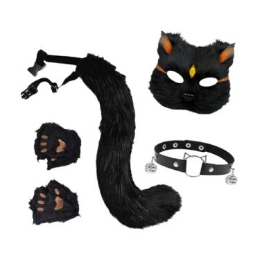 Imagem de KiBcsLic Conjunto de máscara e cauda de gato e, colar fofo para apresentação de palco de Halloween aniversário, Ouro Preto