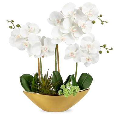 Imagem de Briful Flores artificiais de orquídea 43 cm, flores brancas de seda de orquídea falsa, com vaso de cerâmica dourada, arranjo de orquídea falsa para casa, escritório, sala de centro, mesa de centro