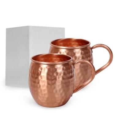 Imagem de Conjunto de 2 canecas de cobre estilo barril de 473 ml, design martelado feito à mão, perfeito para bebidas frias, mule de Moscou, café gelado e coquetéis - Copos de cobre premium
