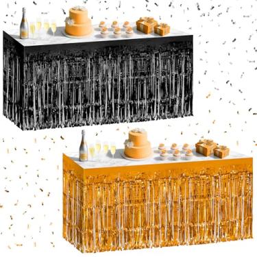 Imagem de Pacote com 2 saias de mesa pretas laranjas, 73 x 274 cm, saia de mesa com franjas metálicas para mesas retangulares, cortinas de flâmula, pano de fundo, decorações de festa para aniversários