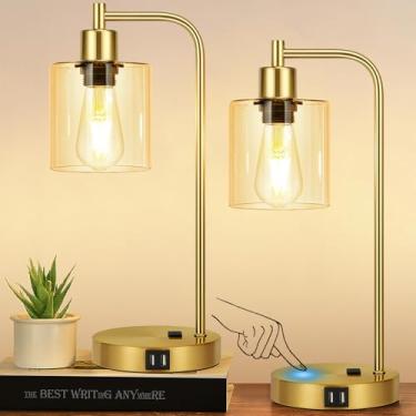 Imagem de Conjunto de 2 candeeiros de mesa industriais com controle de toque com 2 portas USB e tomada CA – Lâmpada de cabeceira dourada regulável de 3 vias, candeeiro de cabeceira para quarto, sala de estar
