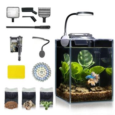 Imagem de Conjunto completo de aquário pequeno para aquário de mesa Betta, sistema de filtro autolimpante, ferramenta de limpeza de cascalho com luz LED brilhante, kit iniciante, pequeno espaço, fácil