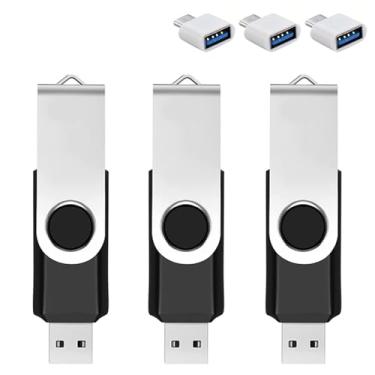 Imagem de Pacote de 3 128 GB USB com adaptador e caixa de memória Type-C, USB 2.0 Flash Drive, cartão de memória rotativo de 360° para celular/pad/PC/laptop/Android - preto (pacote de 3 128 GB)