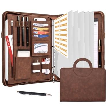Imagem de Leathario Fichário de portfólio de 3 anéis, inclui 5 divisórias de índice de pastas, organizador de tablets de 33 polegadas com alça, pasta A4 de couro vegano, bloco de notas com vários bolsos, agenda