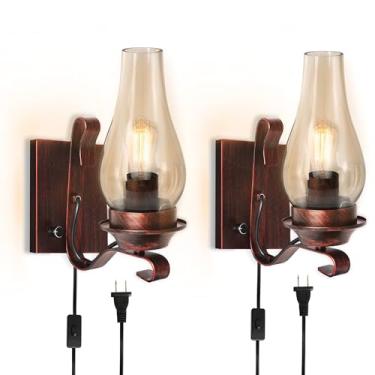 Imagem de AnvFlik Arandelas de parede, conjunto de 2 lâmpadas de parede de vidro vintage de bronze vermelho reguláveis, rústico regulável, lâmpadas de parede de cabeceira industriais retrô para quarto, sala de