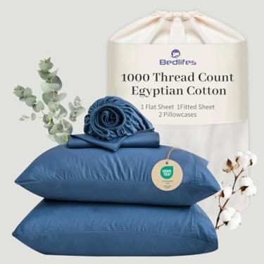 Imagem de Bedlifes Lençóis de algodão egípcio, 1000 fios, tamanho Queen, 4 peças com bolso profundo de 40,6 cm - Roupa de cama ultramacia refrescante e respirável para conforto do hotel (azul escuro)