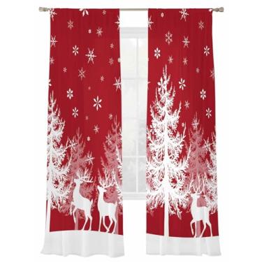 Imagem de Cortinas semitransparentes de árvore de Natal de 203 cm de comprimento para sala de estar, rena, flocos de neve, tratamento de janela, cortinas vermelhas de Natal com bolso para varão, cortinas de
