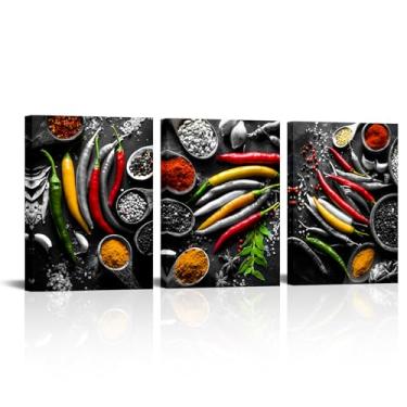 Imagem de 3 peças de arte de parede em tela de pimenta vermelha, especiarias de cozinha preto e branco, impressão de pimentão, decoração de parede, 30,5 x 40,6 cm, tempero, comida, pôster, arte para casa