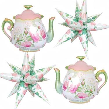Imagem de 4Pcs Teapot Balloon Set/Pink Green Teapot Mylar Balloons+Flower Exploding Star Foil Balloons/Tea Party Decorations, Alice Wonderland, Bridal Shower, Let's Par-Tea Girls Birthday, Spring Garden Party