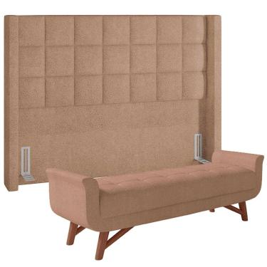 Imagem de Kit Cabeceira Cama Box Paris 195 cm com Puff Recamier Itália P05 Bouclê Bege - Lyam Decor