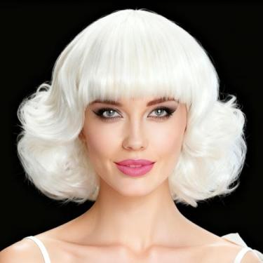 Imagem de Peruca de platina branca curta com franja para mulheres cabelo sintético encaracolado natural perucas para fantasia cosplay uso diário (branca)