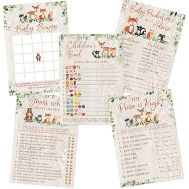 Imagem de Woodland Baby Shower Forest Animals Conjunto de jogos de animais da floresta, 5 jogos, 50 folhas cada, jogos divertidos e atividades para chá de bebê, inclui conselhos, emoji, bingo, preço certo e jogos de adivinhação