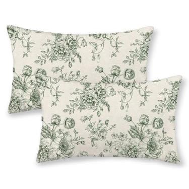 Imagem de Conjunto de 2 capas de almofada floral verde oliva primavera 30 x 50 cm, chinoiserie verde-oliva flor decorativa fronha de almofada vintage floral para área externa para sofá, sala de estar, decoração
