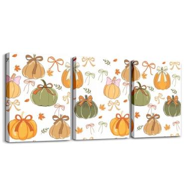 Imagem de Erosebridal Arte de parede em tela com laço de outono 30,5 x 40,6 cm 3 peças decoração de parede com arco de abóbora estampa de desenho animado folhas de bordo laranja verde emoldurado impressão em