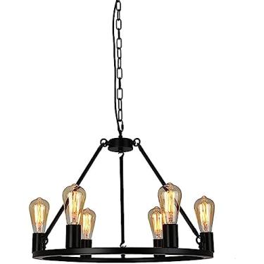 Imagem de Lâmpada Lustre de Roda de Carroça Preta Casa de Fazenda Roda Redonda Luminária Pendurada Lustre de Roda de Carroça Externa para Varanda para Tetos Altos Sala de Jantar (52 * 37 cm) lustre