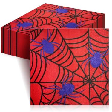 Imagem de Guardanapos de teia de aranha de Halloween, 16,5 cm x 16,5 cm (embalagem com 100) guardanapos de papel descartáveis para festas, coquetéis, teias de aranha e guardanapo com padrão de aranha