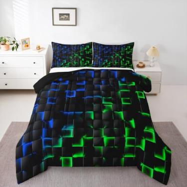 Imagem de Erosebridal Jogo de cama geométrico quadriculado, azul neon, verde, para decoração de quarto de jogadores, abstrato, ombré, xadrez, geométrico, quadriculado, edredom preto