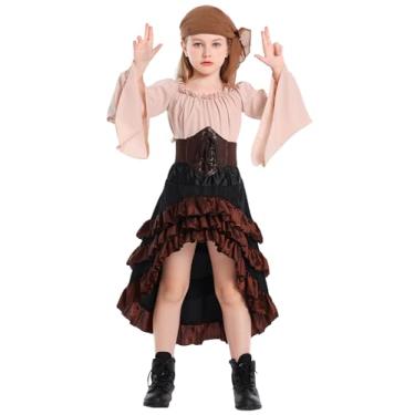 Imagem de Happy Cherry Girls Retro Irregular Ruffle High Waist Pirate Shirt Skirt Corset Waist Belt Halloween Pirate Costumes Beige X-Large