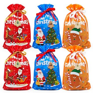Imagem de 6 peças de sacos de presente de Natal de tecido para presentes de tamanho médio, conjunto de sacos de presente de Natal com cordão de tecido reutilizável e 12 etiquetas de presente, cores clássicas de