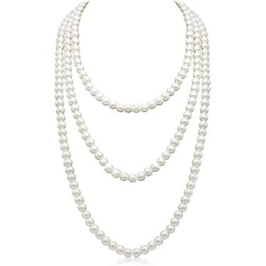 Imagem de Colar longo, corrente de pérolas retrô para mulheres, creme branco, falso, pérola, colar em camadas, bijuteria de fantasia, festa (branco)