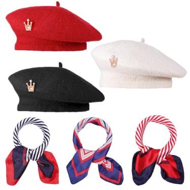 Imagem de Angirlish Conjunto de 9 peças de boina francesa com broche de cachecol de seda cor sólida chapéus para mulheres com tema francês